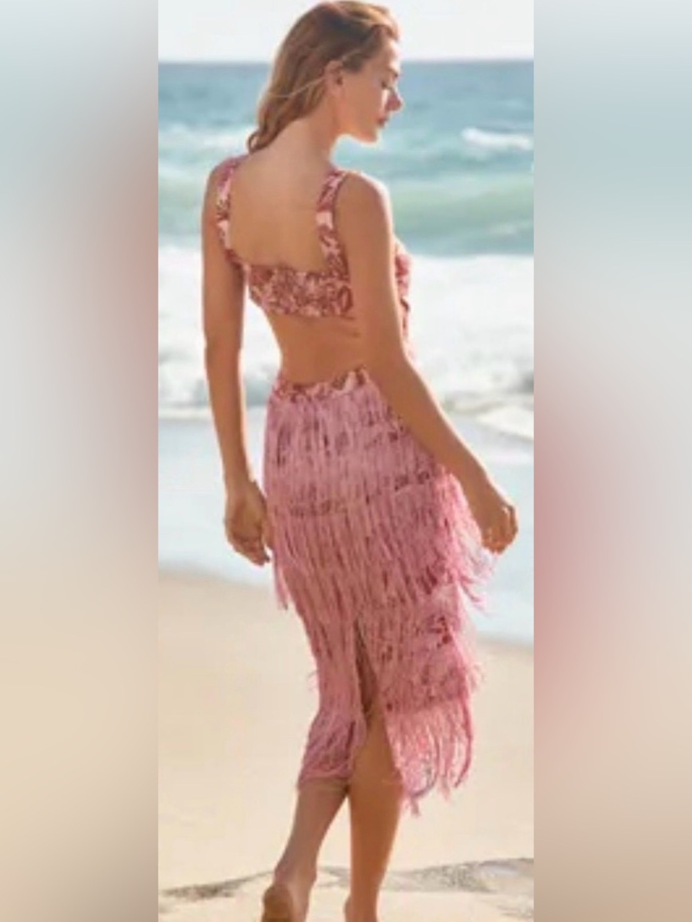 Anthropologie Pink and Red Fringe Cutout Midi Dress - Picture 2 of 4
